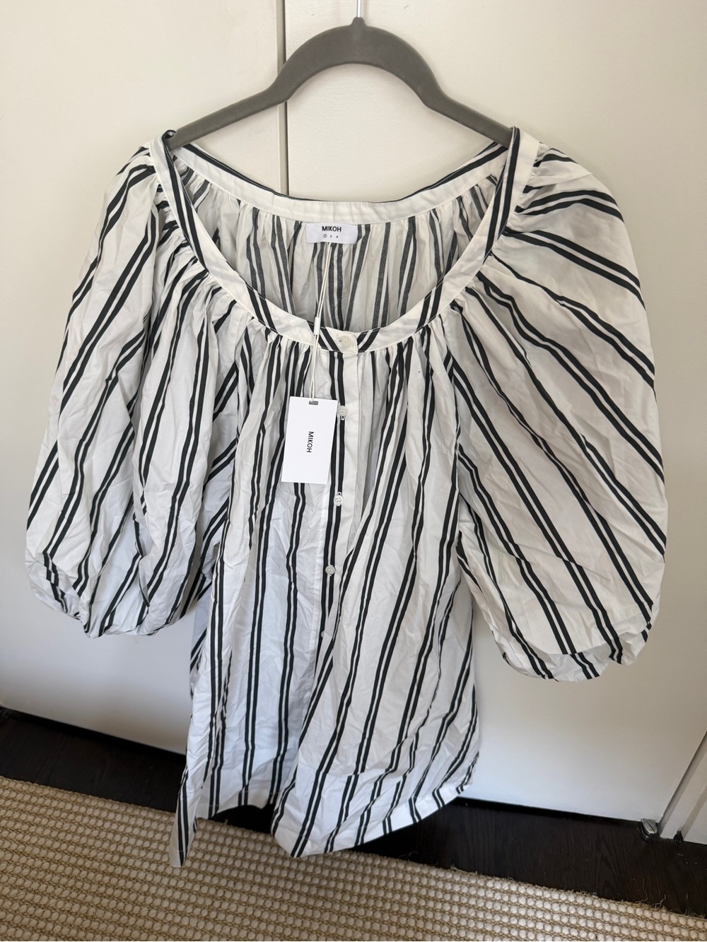 Mikoh White Blouse with Black Vertical Stripes and Puff Sleeves